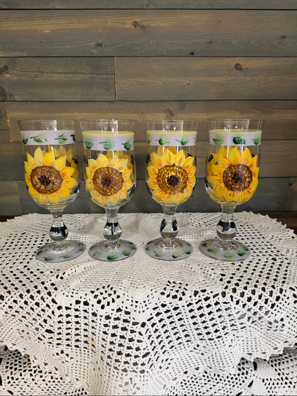 Set of 4 Hand Painted Sunflower Wine Glasses Water Goblets Stemmed 7.5" 14oz